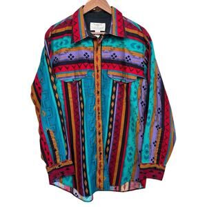Vintage Men’s Longhorn Aztec Western Brushpopper Button Up Shirt Size XL